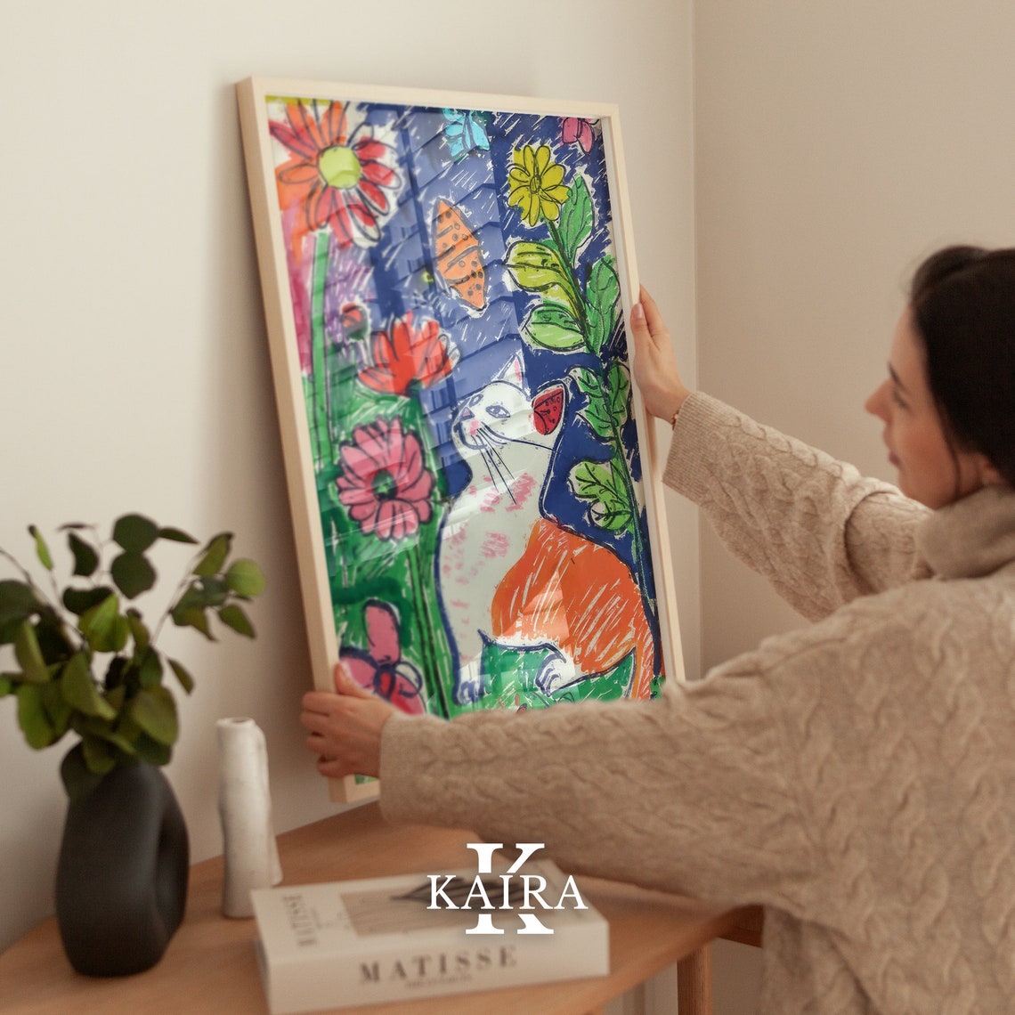White Cat Among Pink Flowers And Butterflies Garden Cat Poster - Image 4