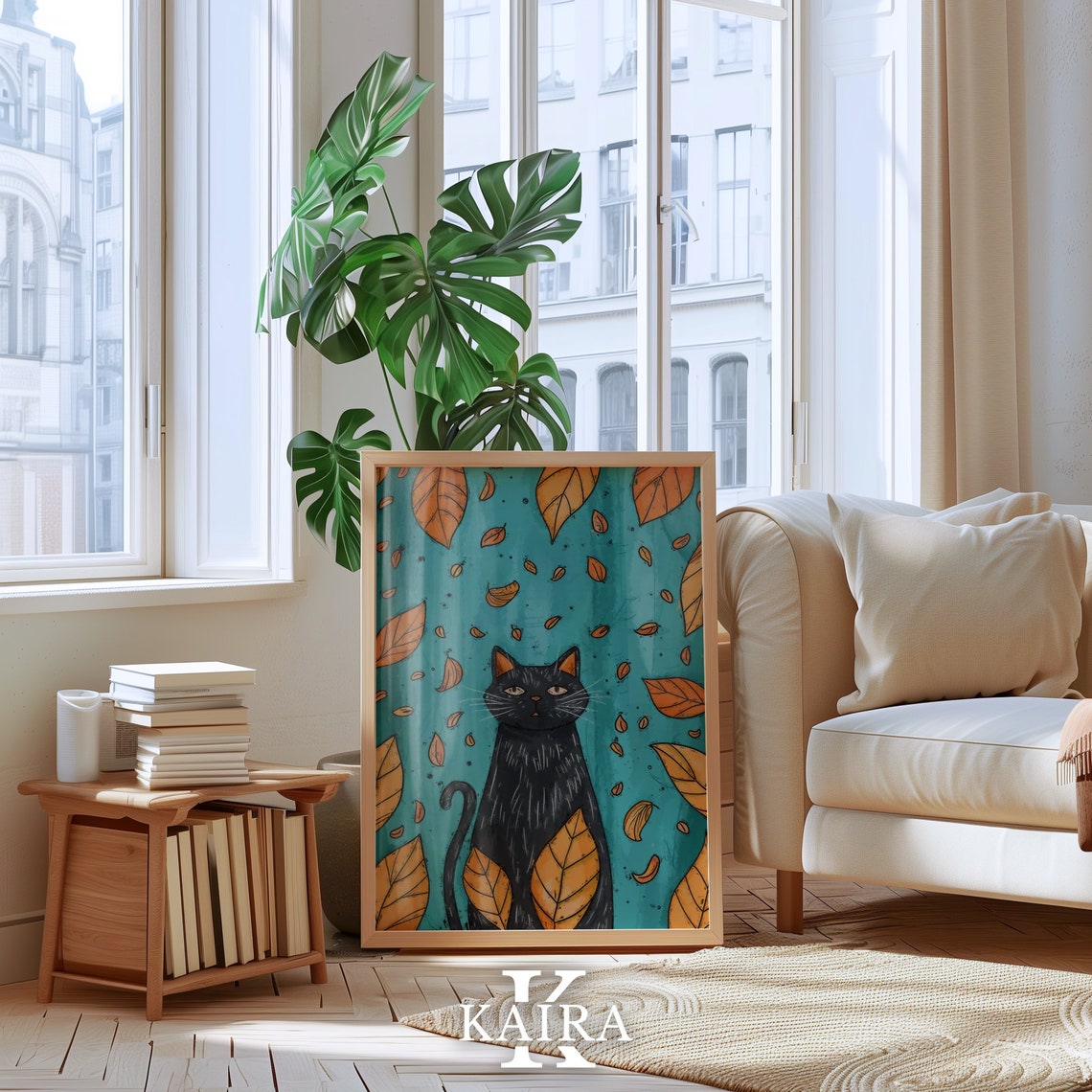 Black Cat With Falling Autumn Leaves Teal Fall Season Cat Poster - Image 3