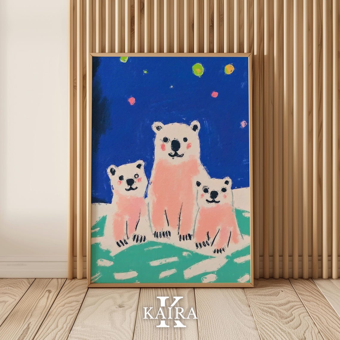 Polar Bear Family Standing Together Under a Starry Night Poster