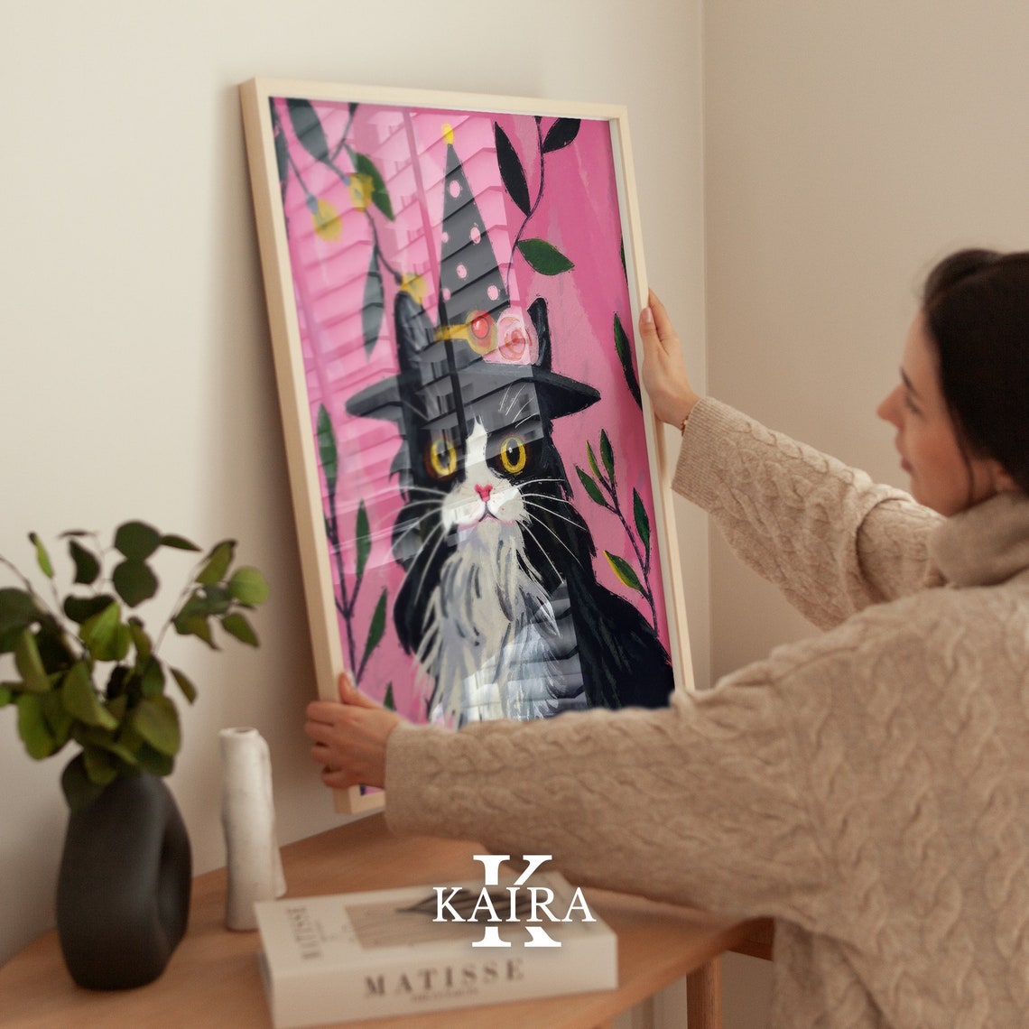 Fluffy Black Cat In Polka Dot Witch Hat With Flowers Pink Art Poster - Image 4