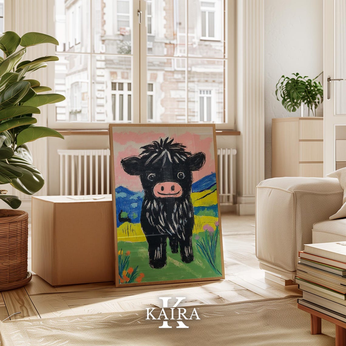 Fluffy Black Highland Cow Calf Under a Pink Cloudy Sky Poster - Image 3