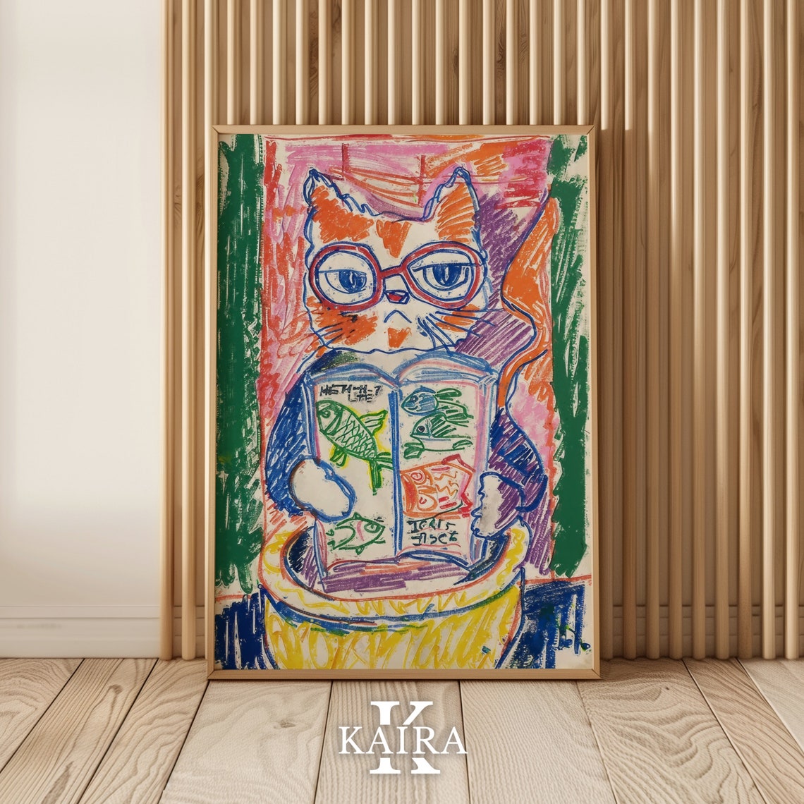 Funny Cat With Glasses Reading Fish Book Cozy Library Cat Poster - Image 2