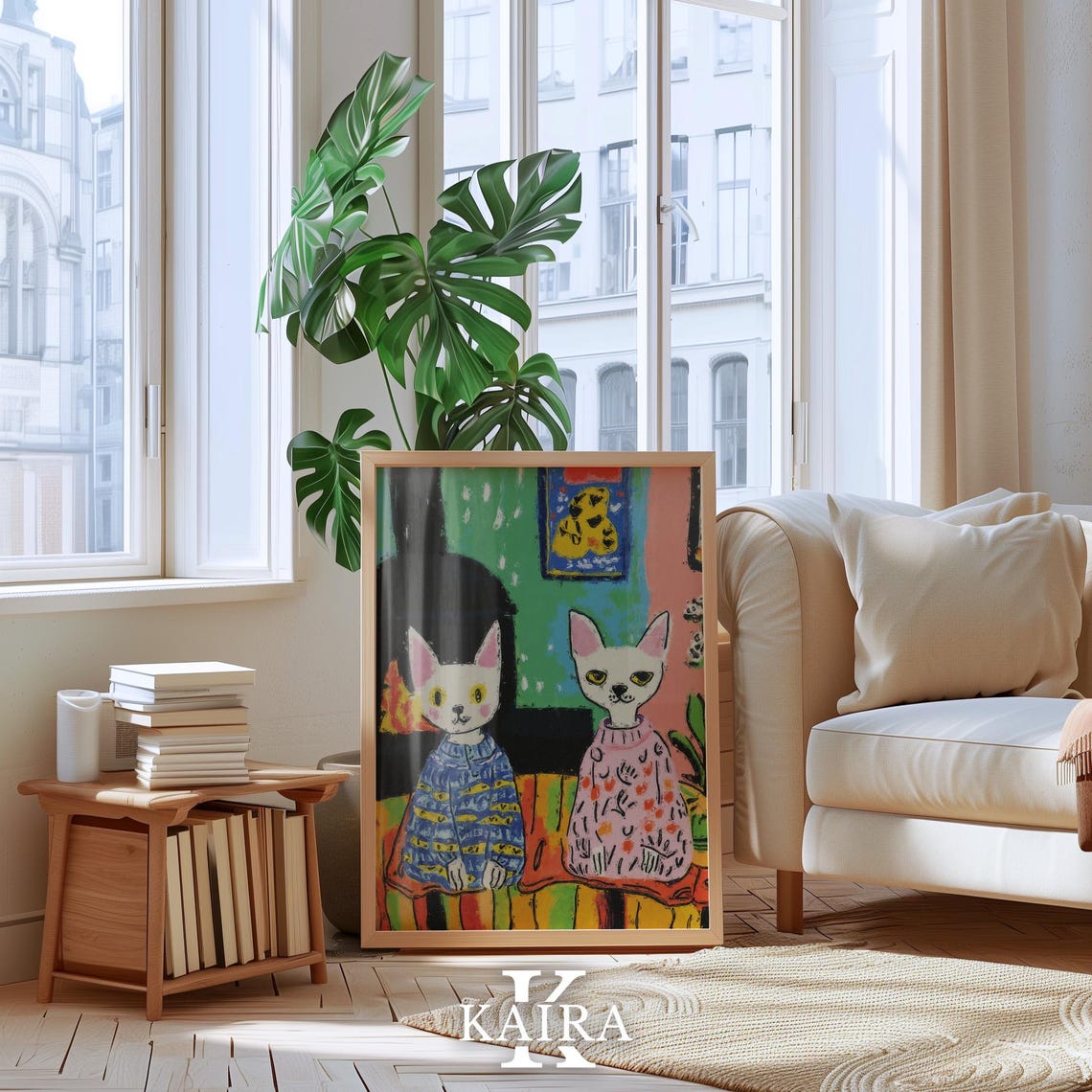 Two Cats Wearing Cozy Patterned Sweaters by a Warm Fireplace Poster - Image 4