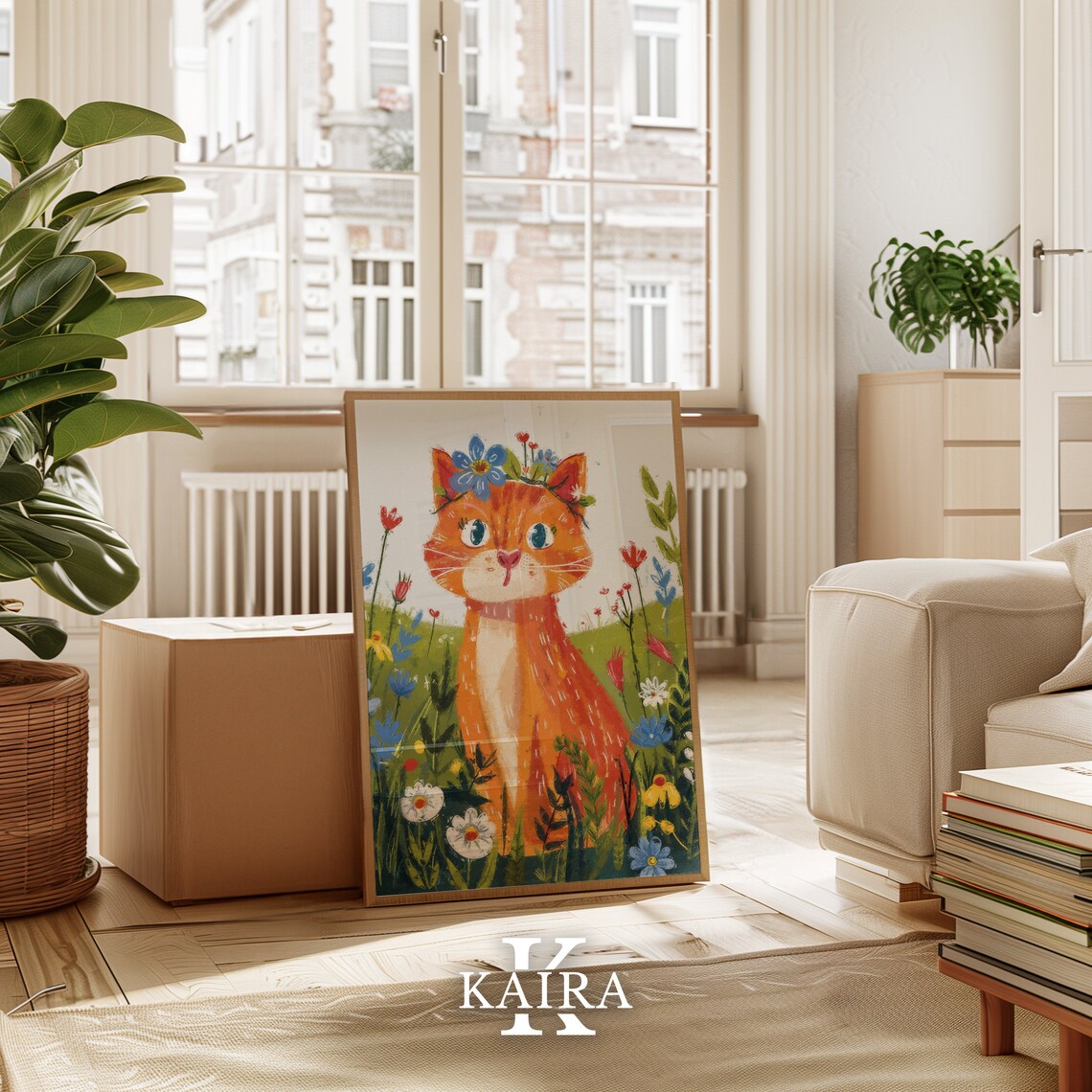 Whimsical Orange Tabby Cat With Flower Crown in Wildflower Field Poster - Image 4