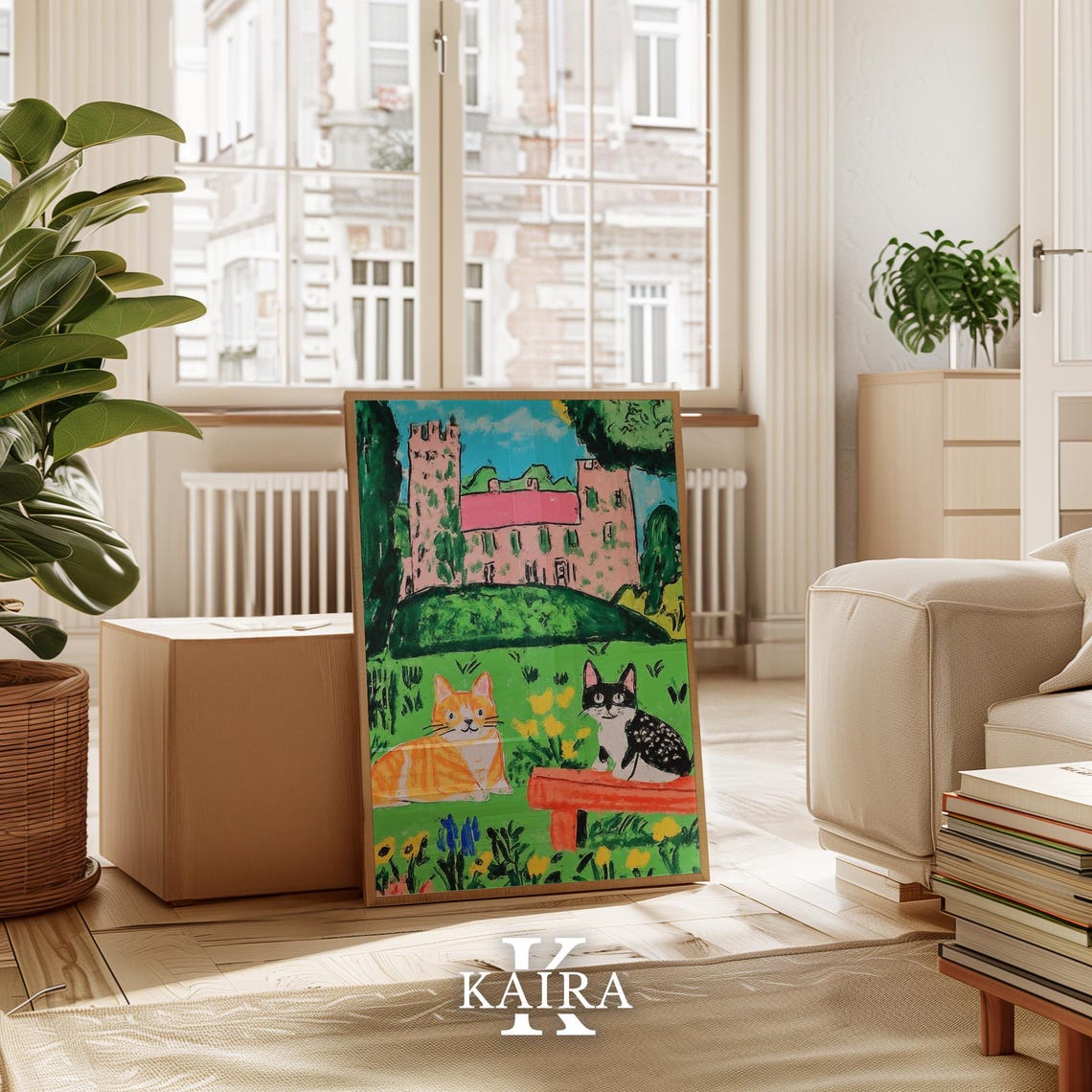Charming Cats In Castle Garden Poster Whimsical Animal Wall Art Colorful Nature Illustration Cat Lovers Artwork Fairytale Decor - Image 3