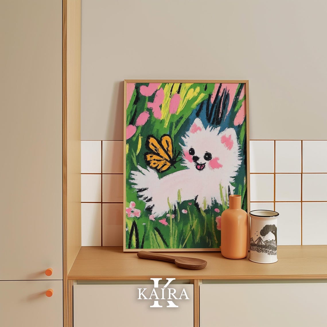 Smiling White Puppy Chasing A Yellow Butterfly In The Garden Poster - Image 4