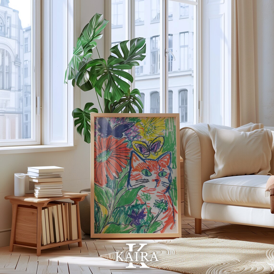 Orange Cat With Flowers And Butterflies Garden Colorful Poster - Image 5