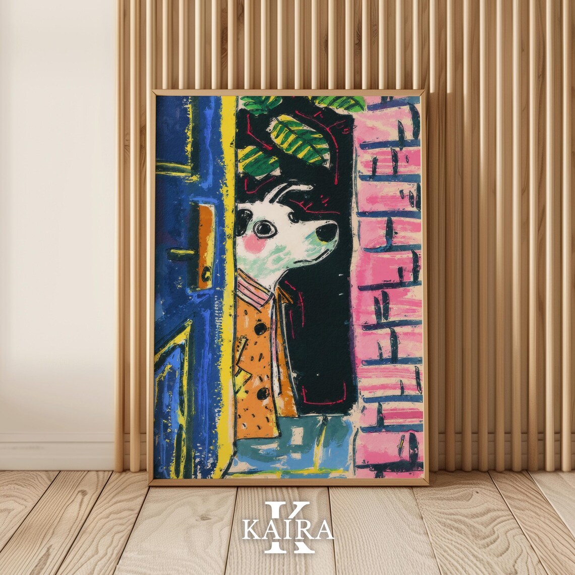 Shy White Dog in a Spotted Trench Coat Peeking Around a Door Poster - Image 2