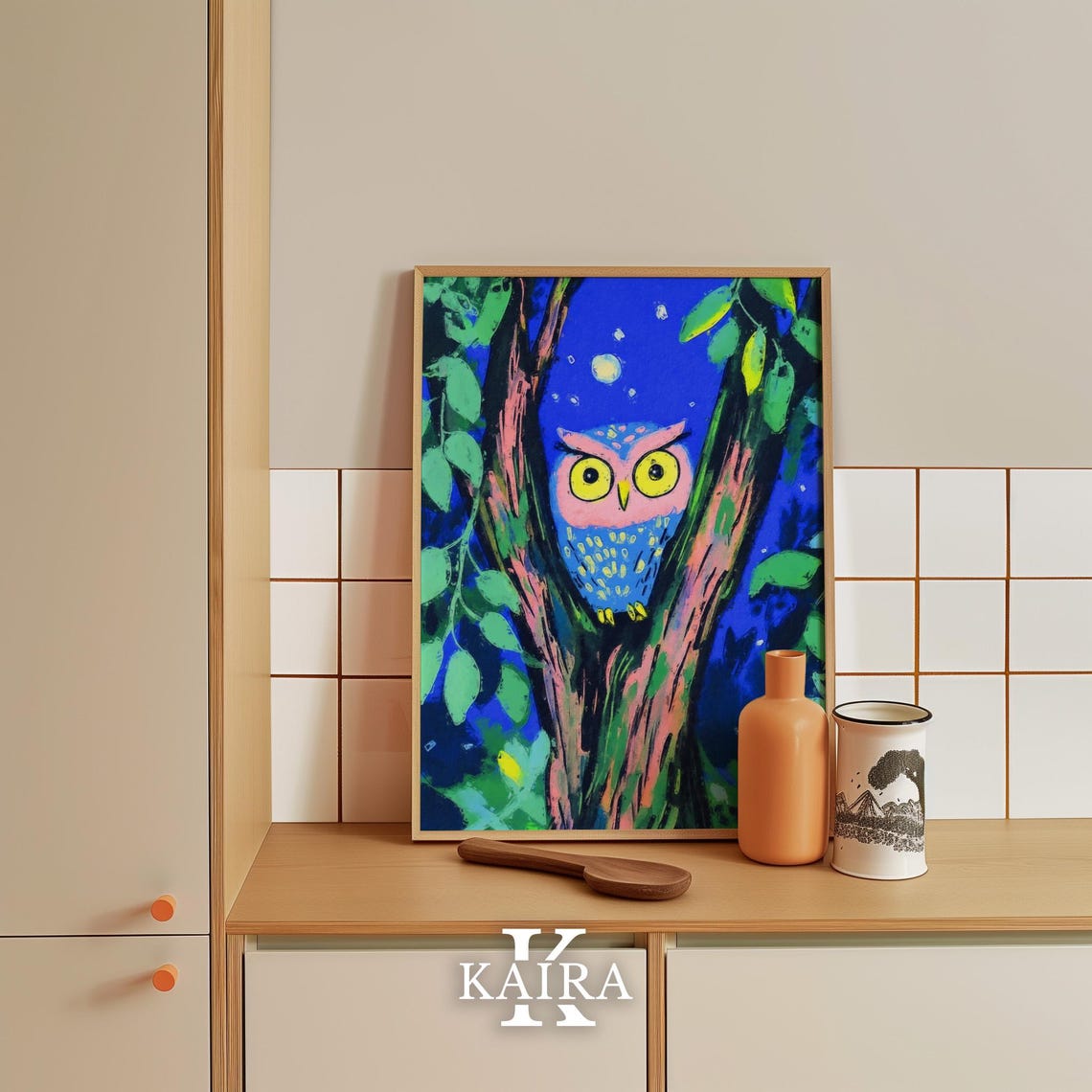 Colorful Owl Perched in a Leafy Tree Under the Night Moon Poster - Image 5