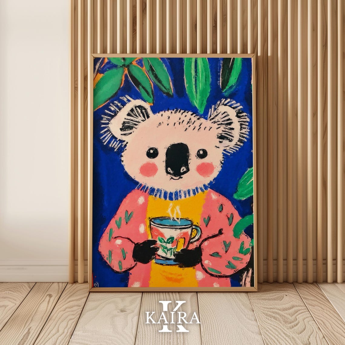 Cozy Koala Sipping Hot Tea in a Pink Knit Sweater at Night Poster - Image 5