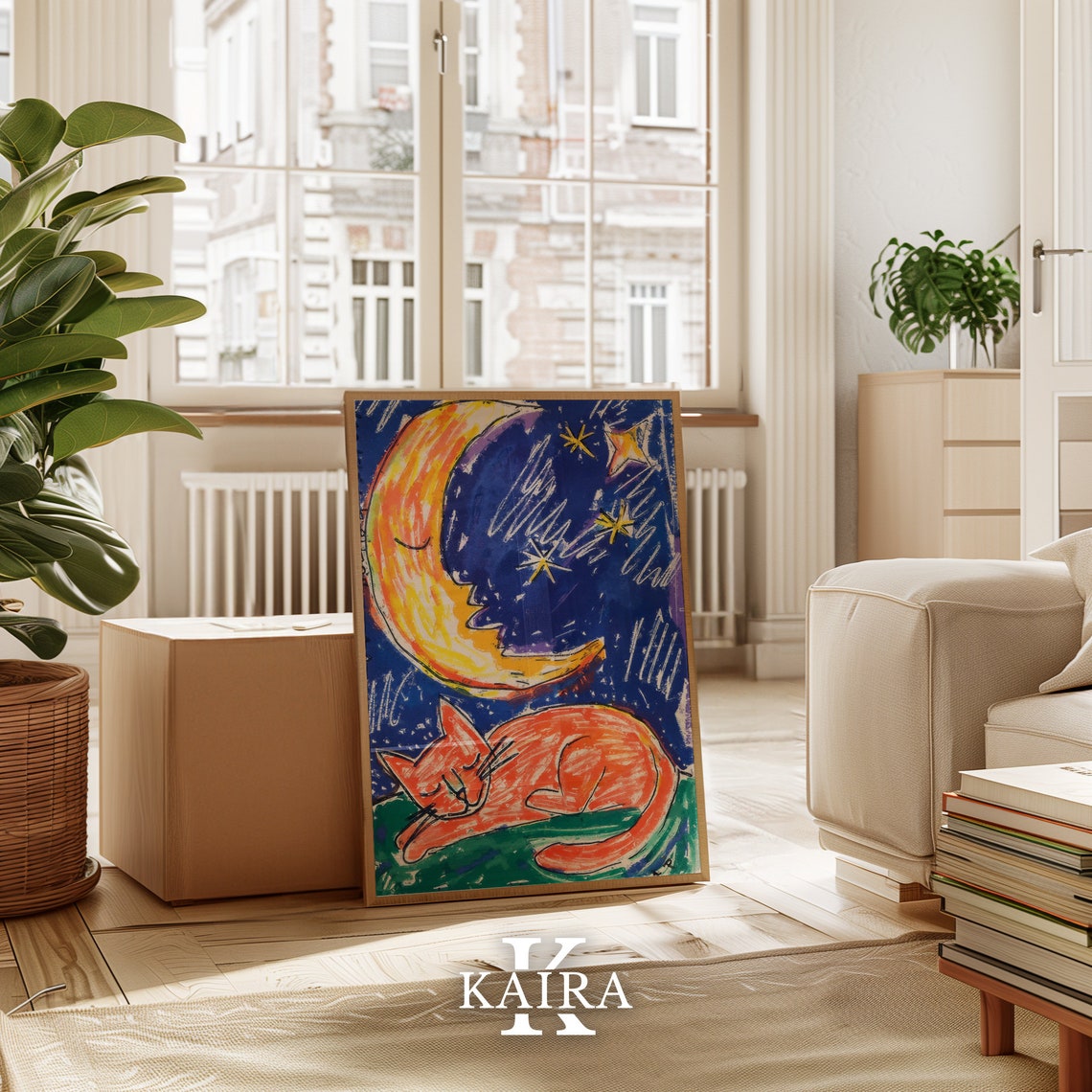 Sleeping Orange Cat Under Crescent Moon Night Sky Cat Poster - Image 3