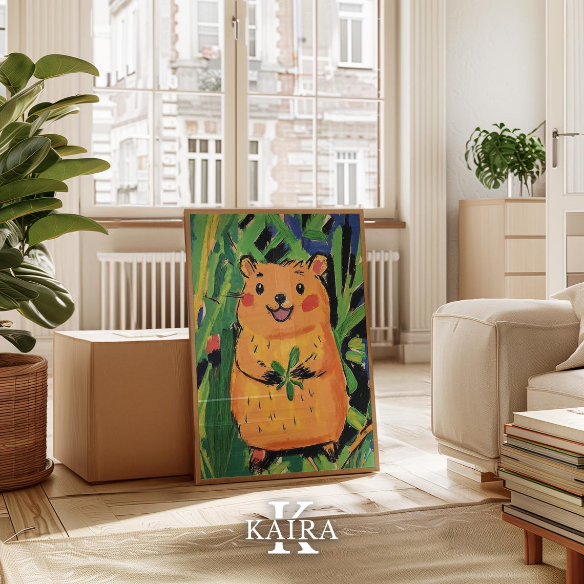 Smiling Orange Hamster Holding a Green Leaf Among Foliage Poster - Image 3
