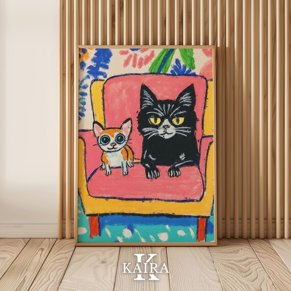 Black Cat and Chihuahua Sharing a Pink Couch Whimsical Poster