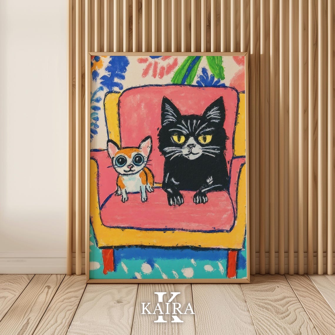 Black Cat and Chihuahua Sharing a Pink Couch Whimsical Poster