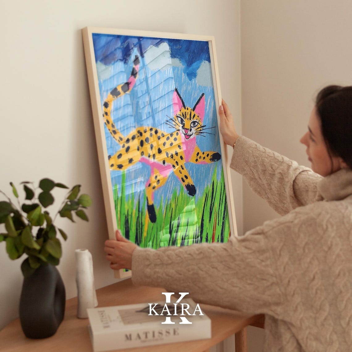 Spotted Wild Cat Leaping Through the Rain Over Tall Grass Poster - Image 2