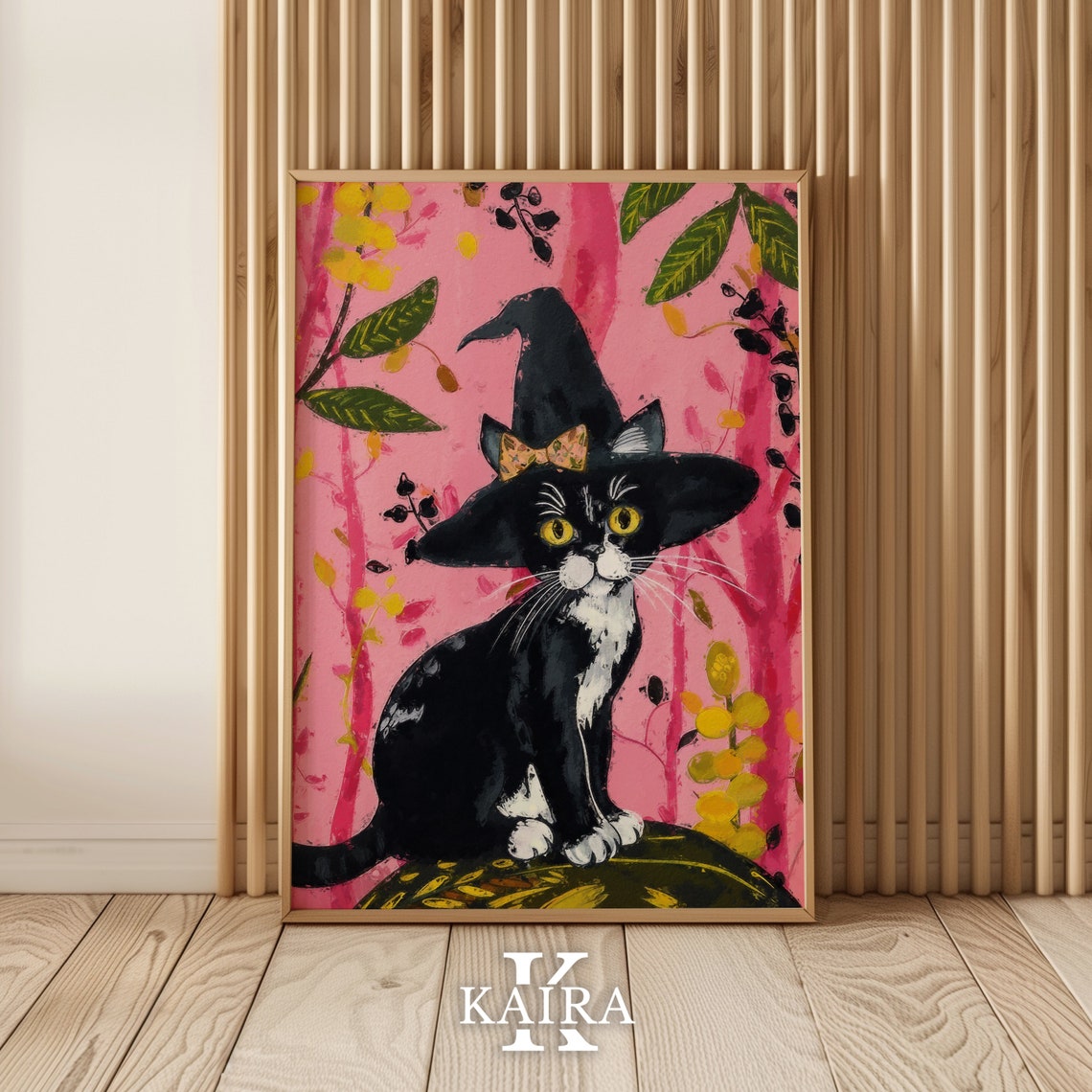 Tuxedo Kitten In Tall Witch Hat Sitting In A Pink Flower Garden Poster - Image 2