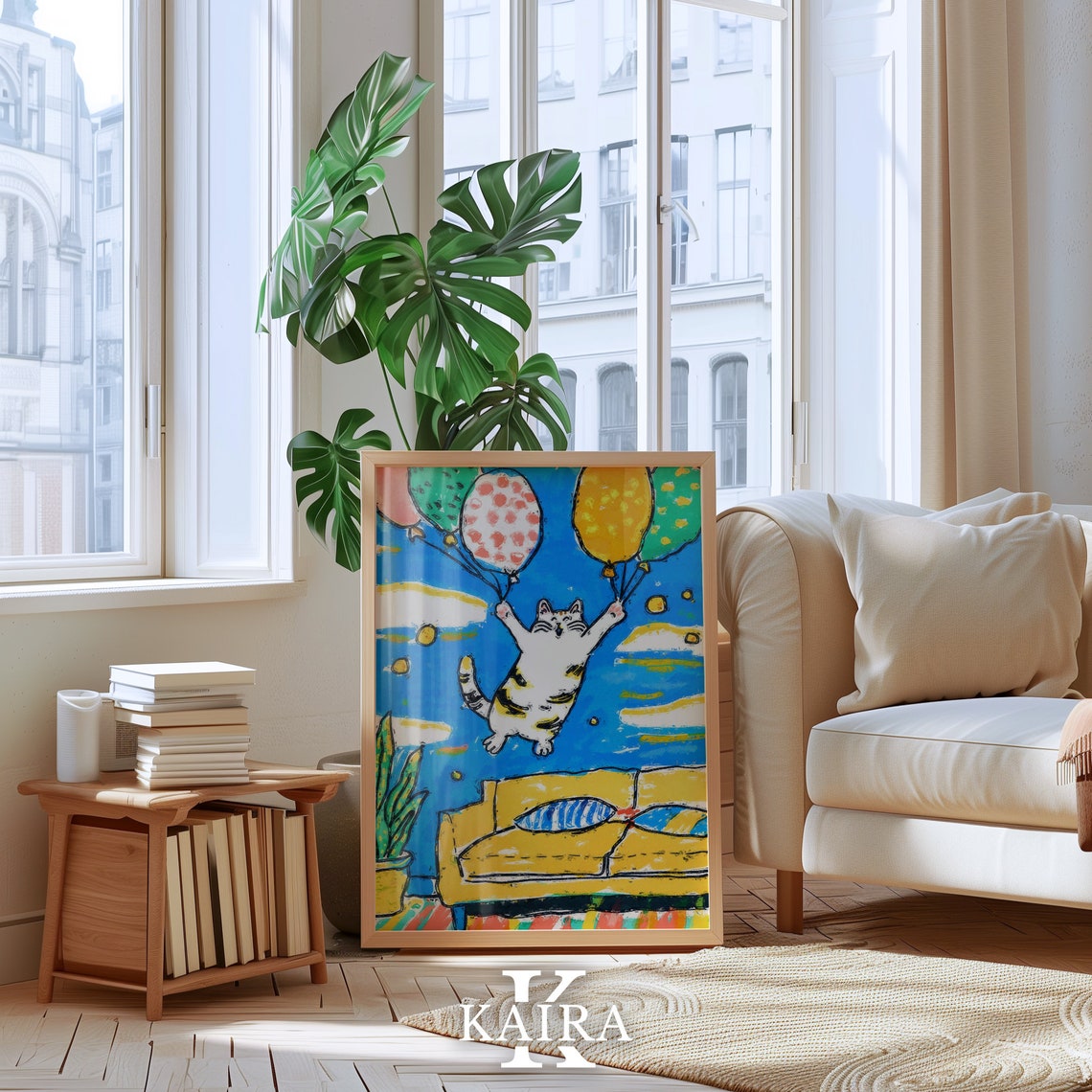 Joyful Tabby Cat Floating Through the Sky on Colorful Balloons Poster - Image 5