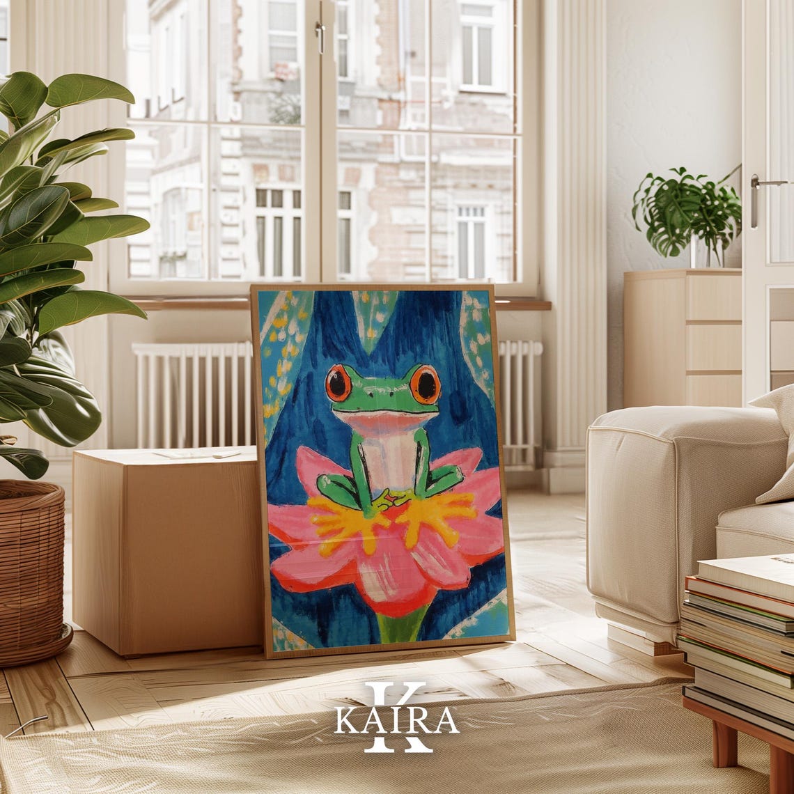 Bright Green Tree Frog With Red Eyes Sitting On A Pink Flower Poster - Image 3
