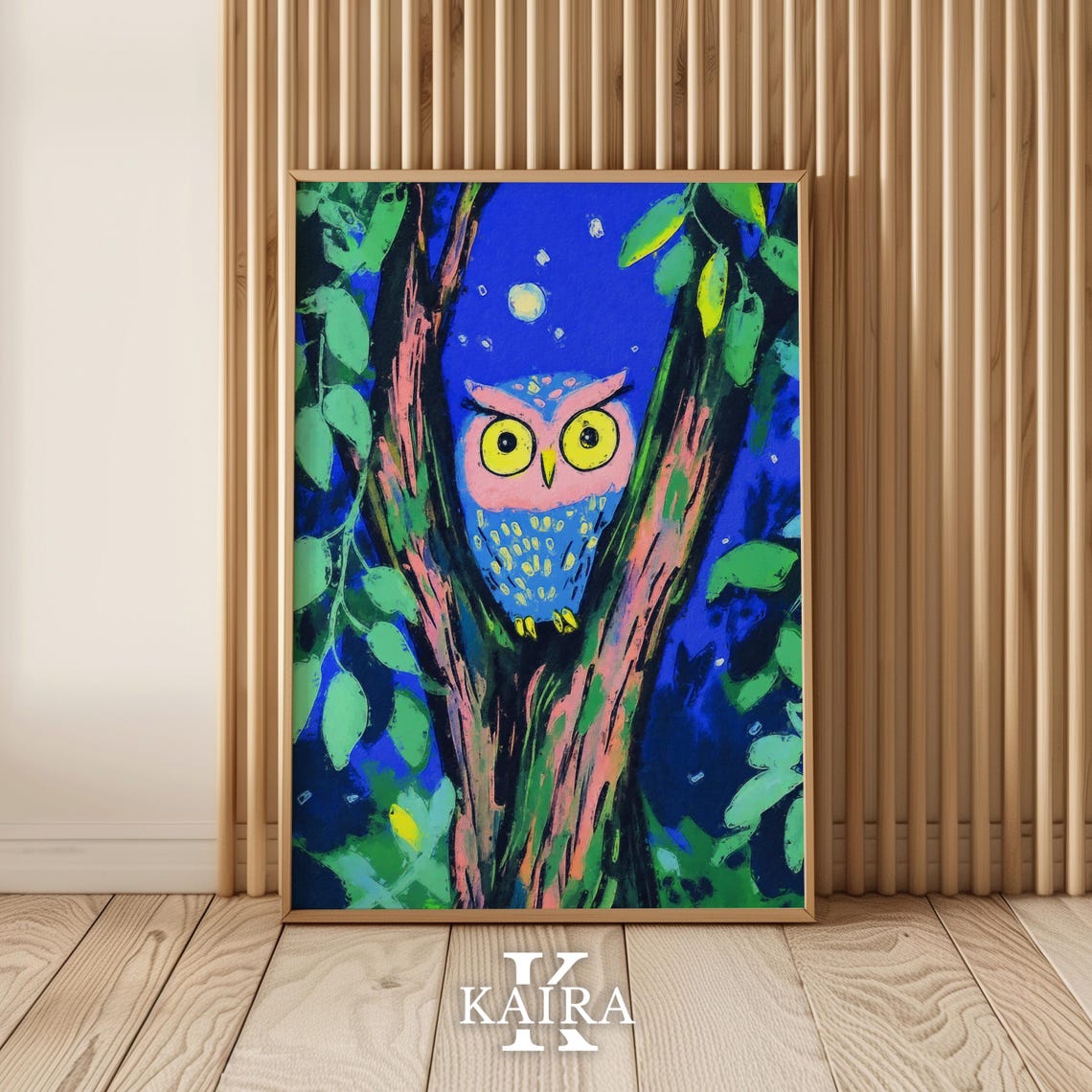 Colorful Owl Perched in a Leafy Tree Under the Night Moon Poster