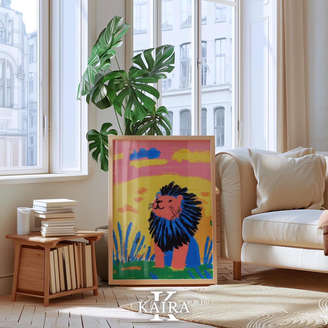 Colorful Smiling Lion With a Dark Mane at a Pink Sunset Poster - Image 5