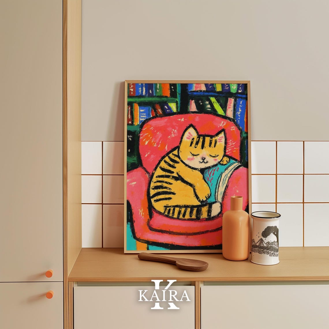 Tabby Cat Napping Cozily Curled in a Soft Red Armchair Poster - Image 5