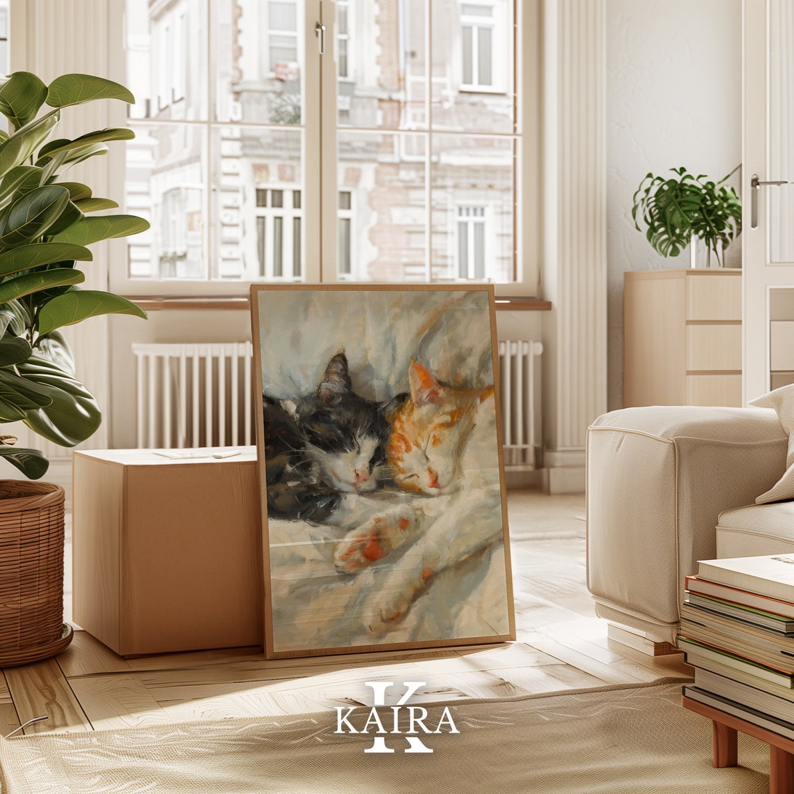 Two Sleeping Cats Cuddling Soft Cozy Watercolor Painting Cat Poster - Image 2