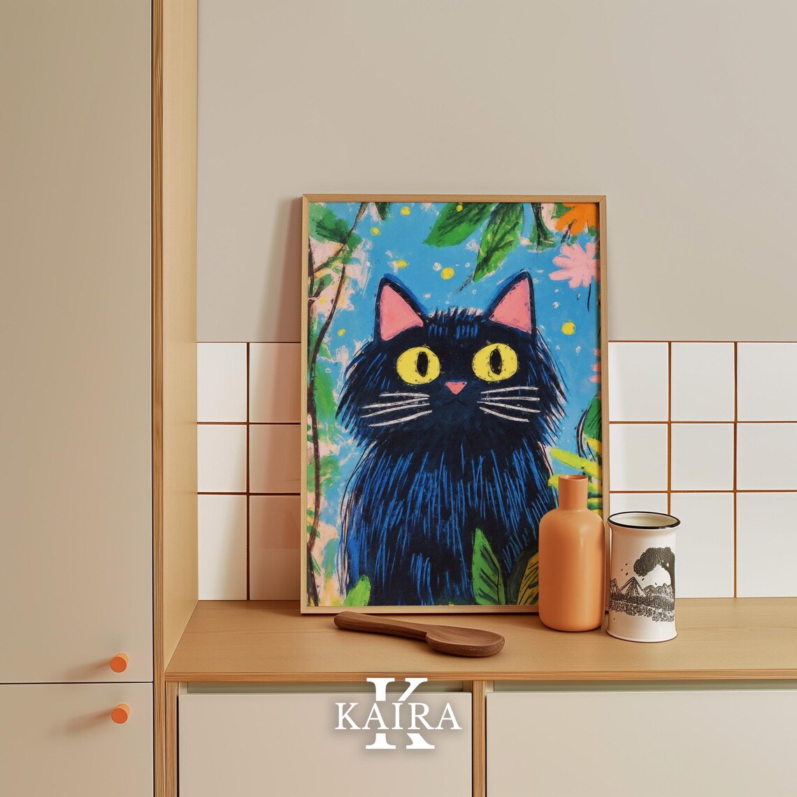 Fluffy Black Cat with Golden Yellow Eyes in a Blooming Garden Poster - Image 5