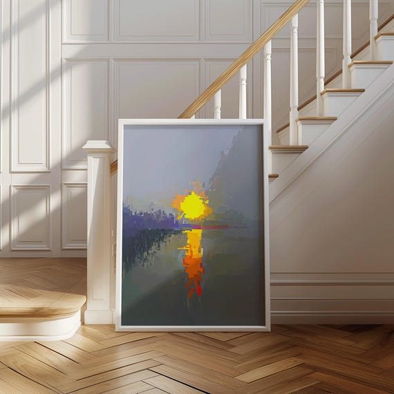 Abstract Sunrise Landscape Print Minimalist Pixel Art Sunset Modern Nature Decor Painting Of Light And Horizon First