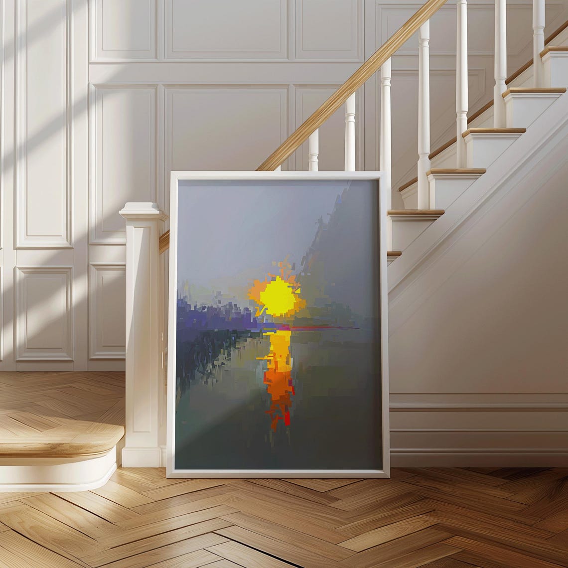 Abstract Sunrise Landscape Print Minimalist Pixel Art Sunset Modern Nature Decor Painting Of Light And Horizon First