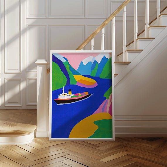 Colorful Boat Landscape Art Vibrant Mountain River Scene Abstract Travel Poster Modern Nautical Wall Decor Sailing Peaks