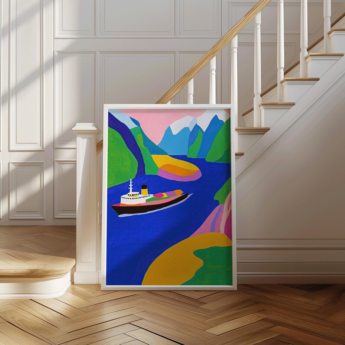 Colorful Boat On Blue River Abstract Mountain Travel Nautical Art Poster