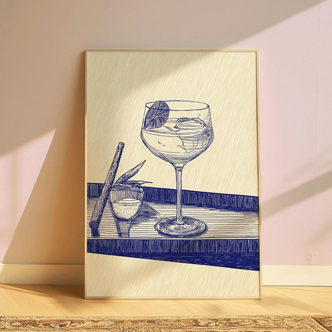 Blue Ink Line Art Gin Cocktail Glass Drawing Minimalist Home Bar Poster