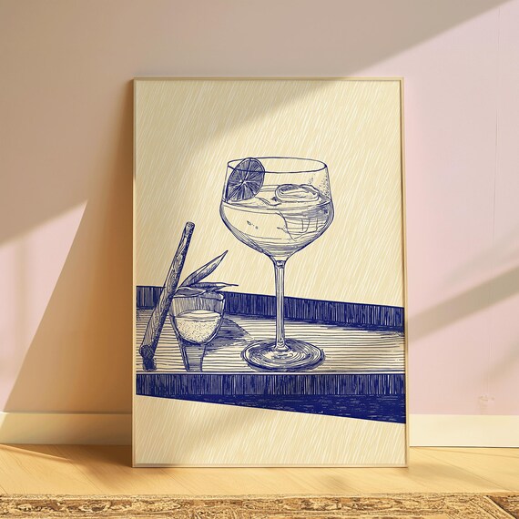 Cocktail Line Art Print Modern Blue Ink Bar Decor Minimalist Gin And Citrus Drink Illustration For Kitchen Or Lounge