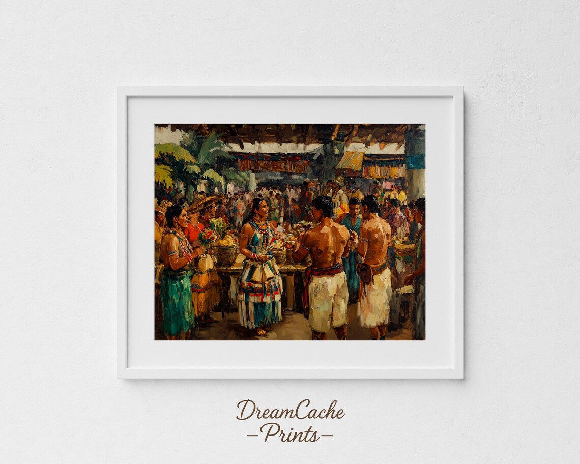 Ancient Aztec Marketplace Bustling Vendors And Shoppers Oil Painting Poster