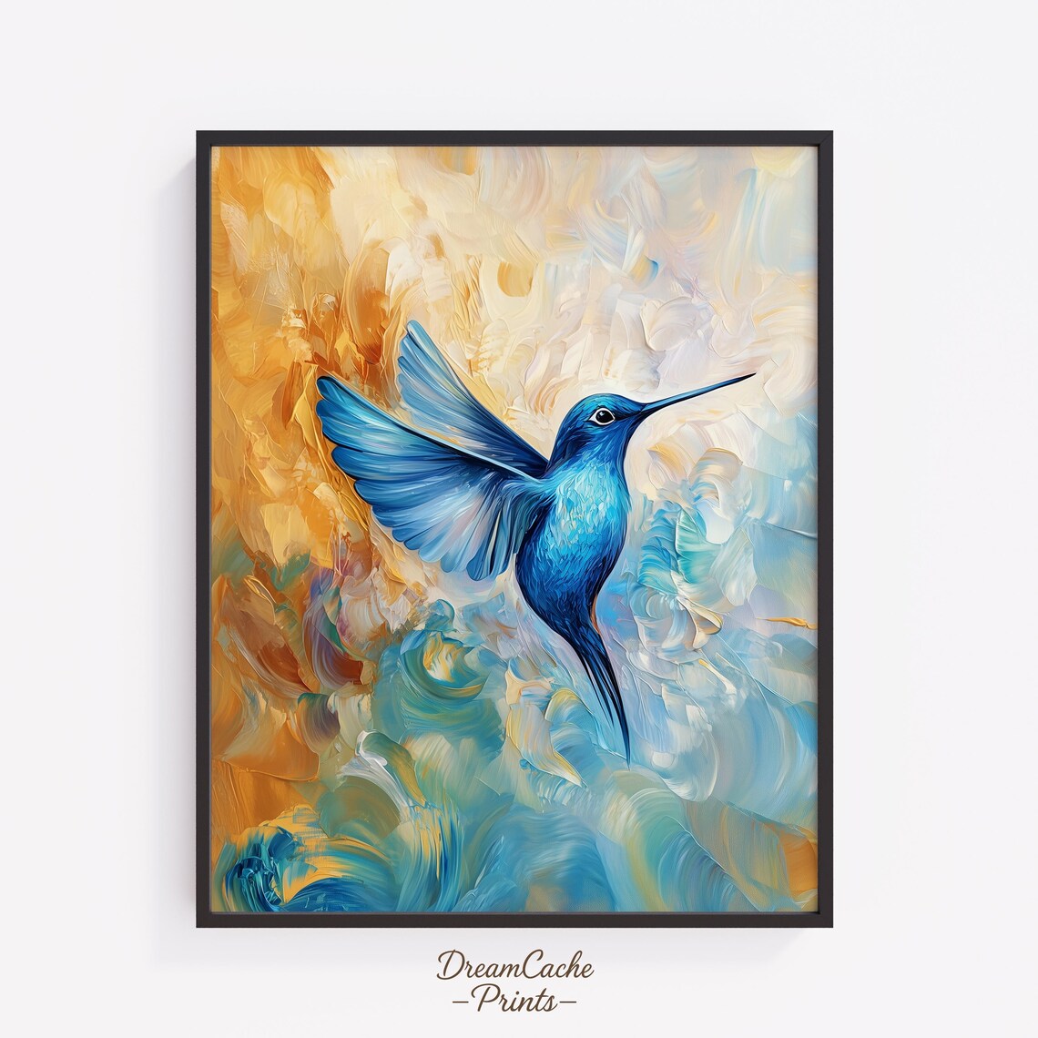 Blue Hummingbird Swirling Pastel Abstract Oil Paint Bird Wall Art