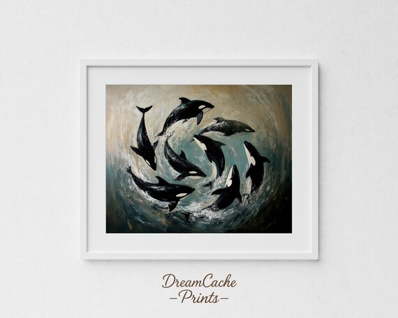 Orca Pod Swimming in Circle Ocean Whirl Wildlife Painting Poster