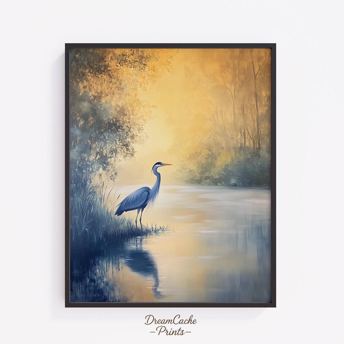 Blue Heron Standing In Misty Golden Sunrise Pond Serene Bird Print