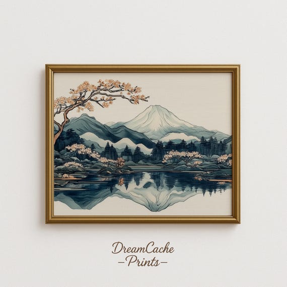 Mount Fuji Wabi Sabi Wall Art Cherry Blossom Ukiyoe Style Landscape Japandi Nature Scene 188