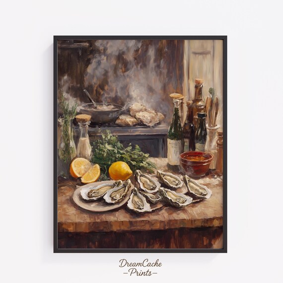 Rustic Oyster Still Life Kitchen Painting with Lemons and Herbs Poster