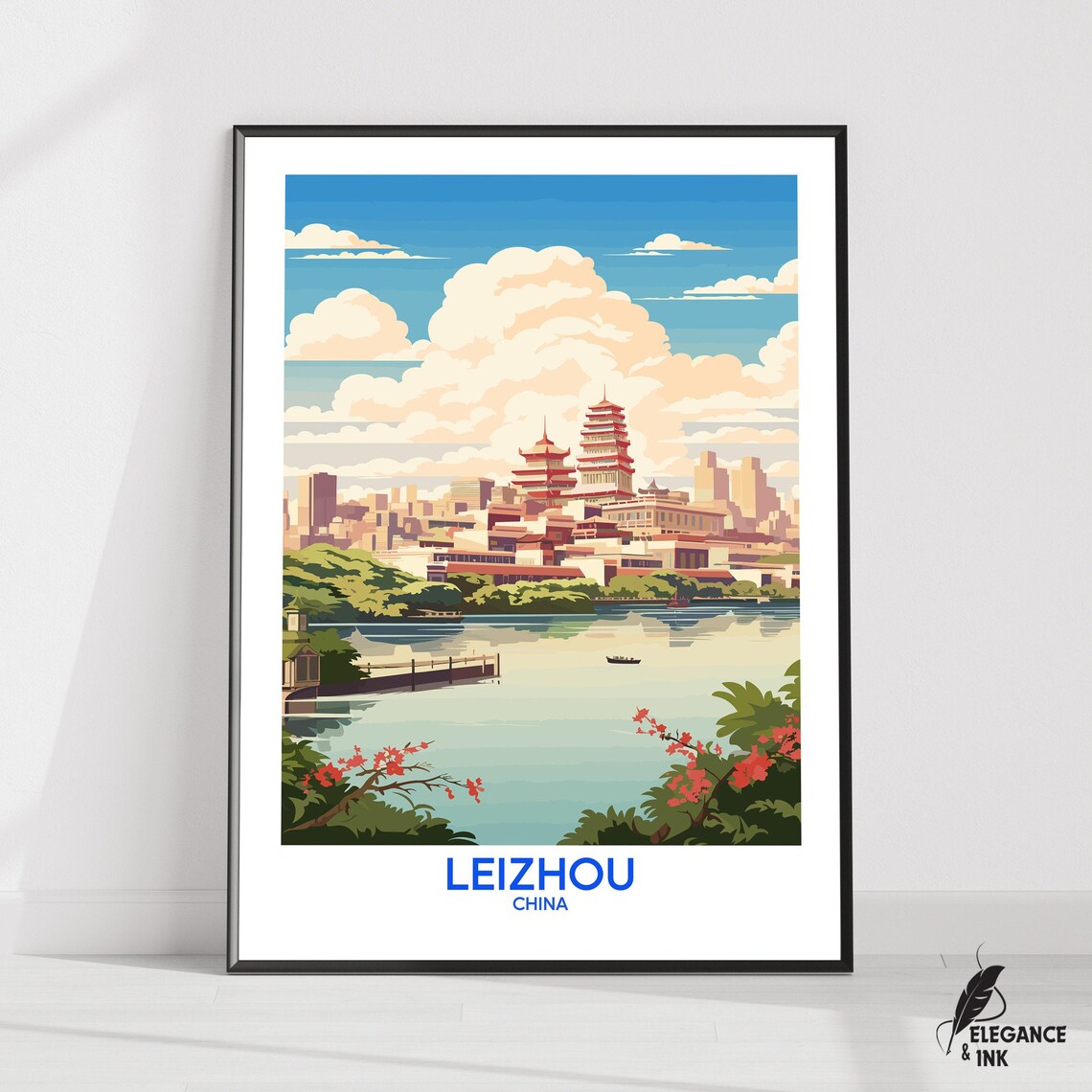 Leizhou China Calm Lake Pagodas Daytime Vintage Travel Poster
