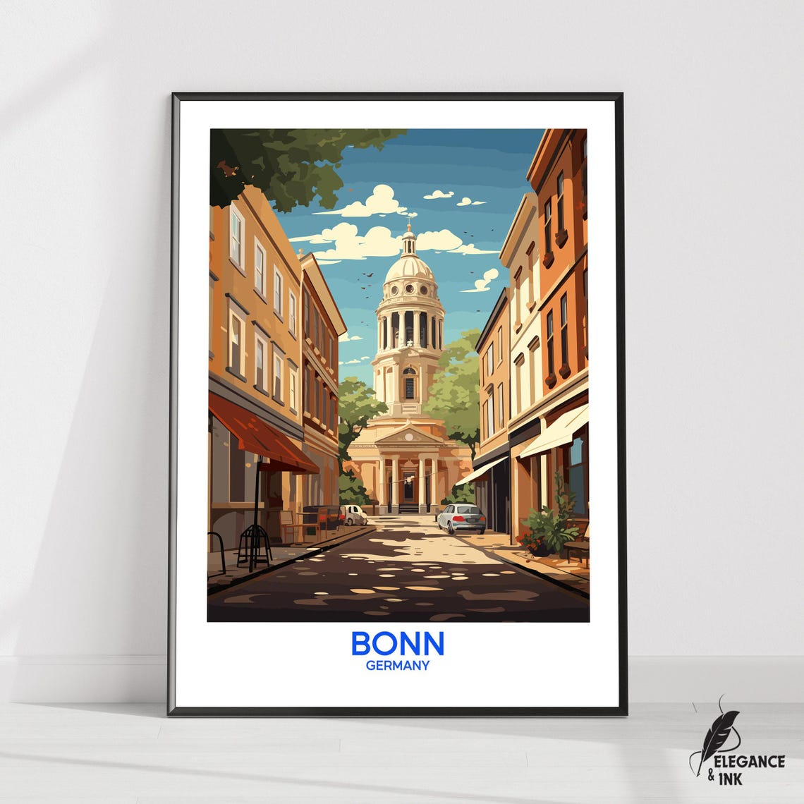Bonn Germany Domed Church Street Scene Vintage Travel Poster