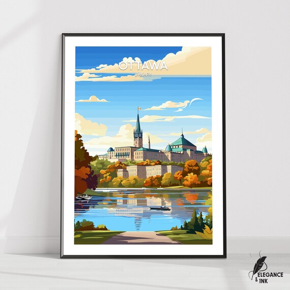 Ottawa Canada Parliament Hill Lakeside Cloudy Day Travel Poster