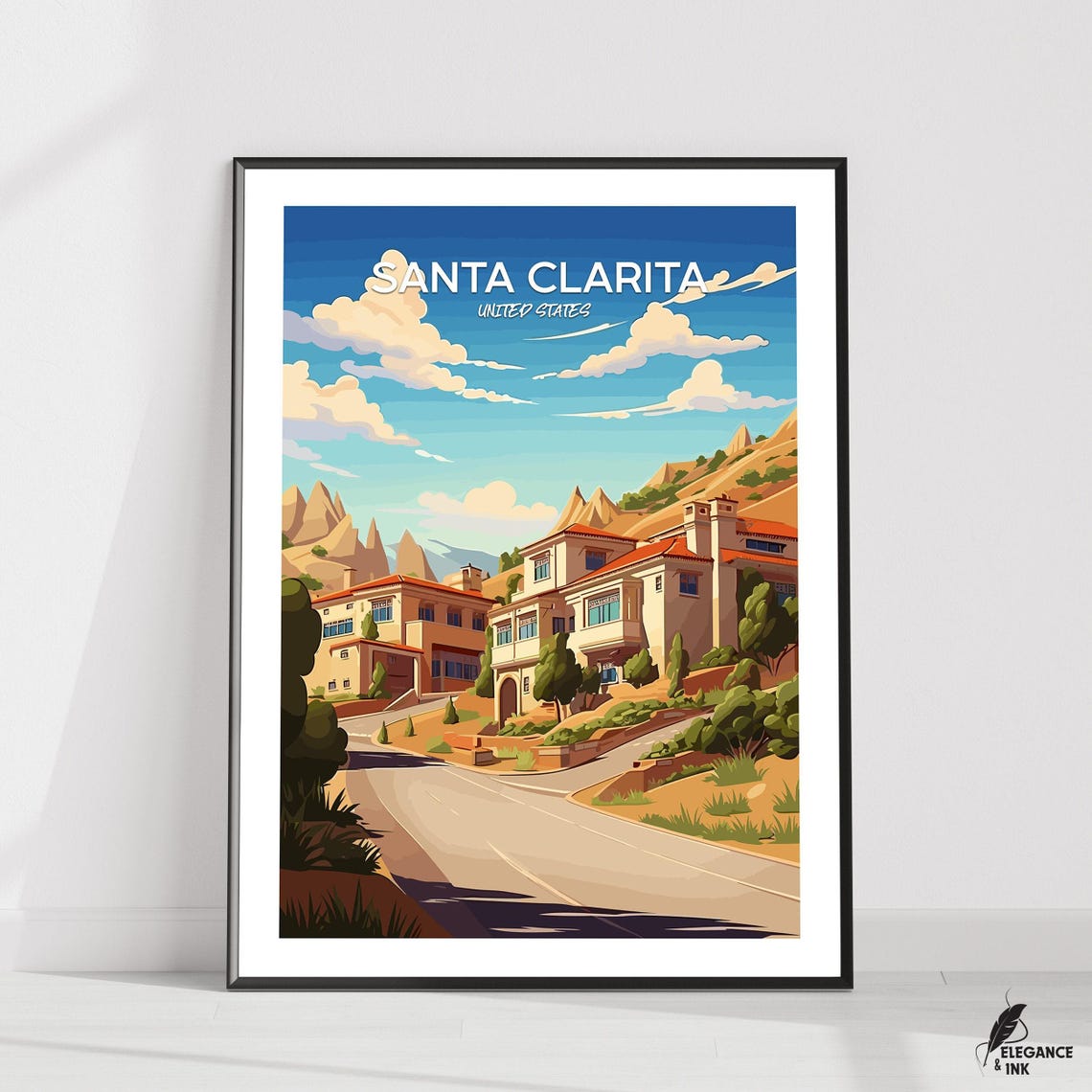 Santa Clarita United States Hillside Villa Retro Travel Poster Art