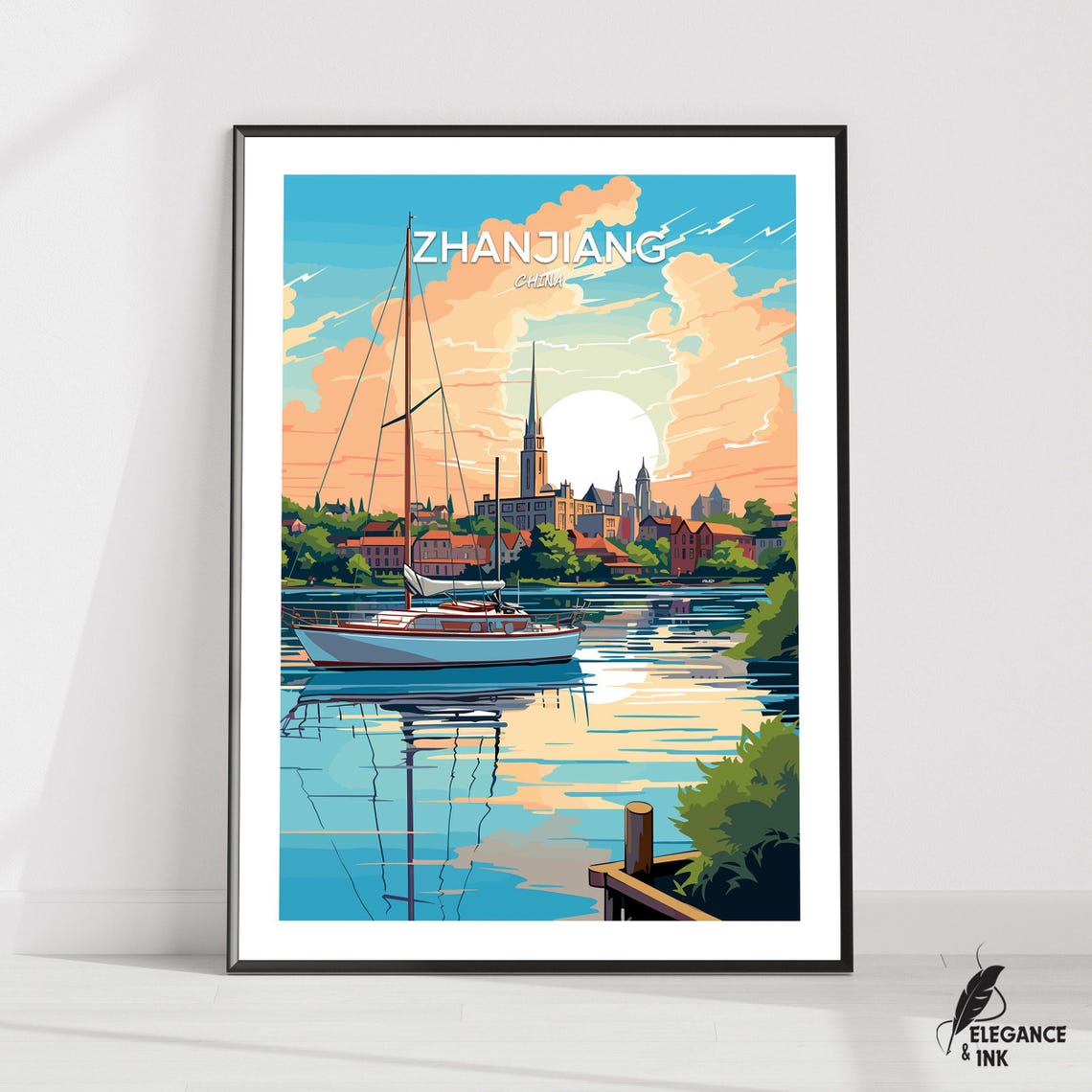 Zhanjiang China Harbor Sailboat Sunset In Artwork Title Poster