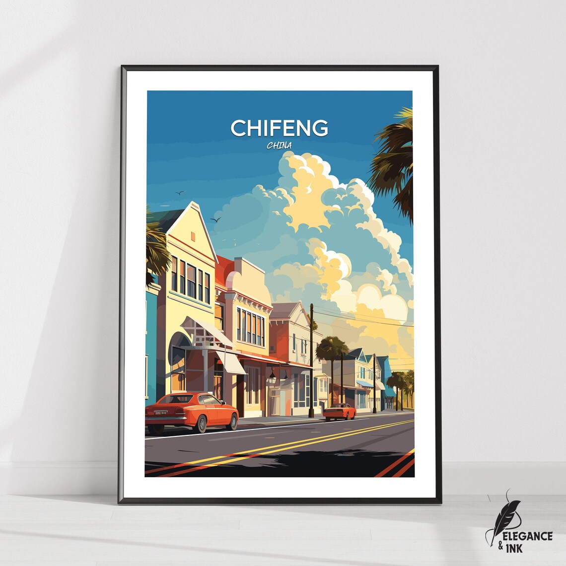 Chifeng China Vintage Street Classic Cars City Travel Poster