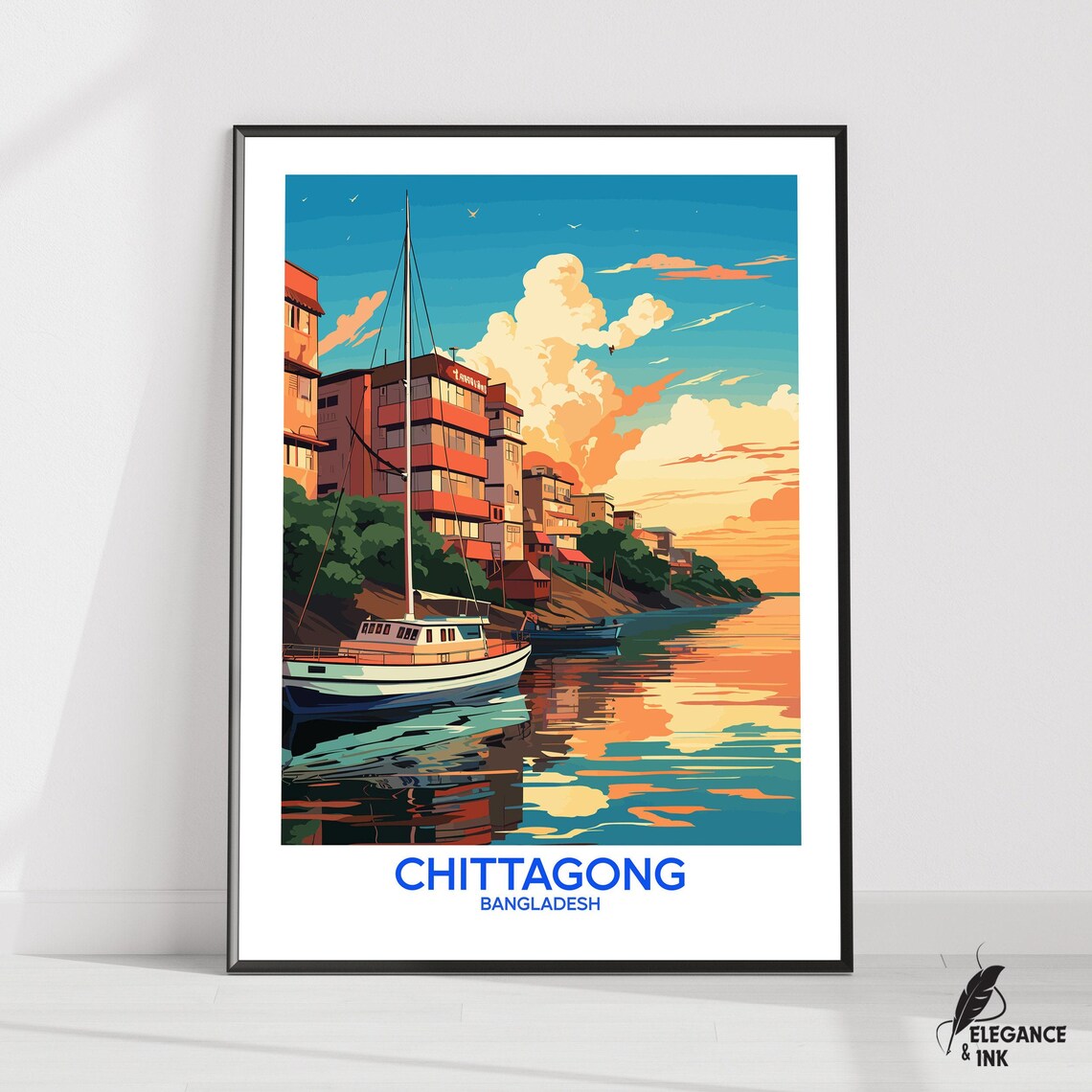 Chittagong Bangladesh Harbor Sailboat Sunset Vintage Travel Poster
