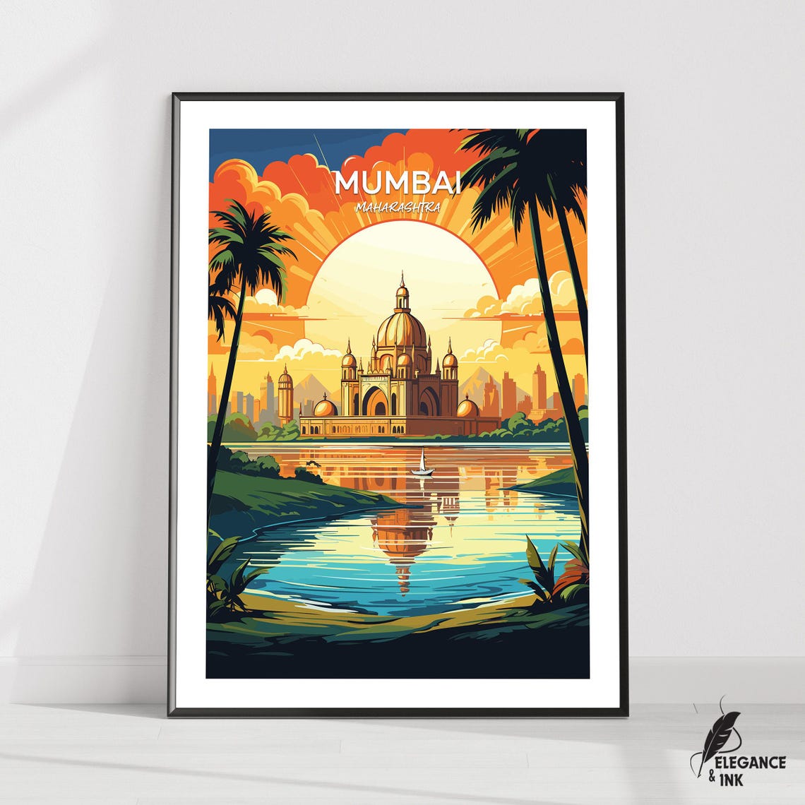 Mumbai India Sunset Over Domed Palace Water Illustration Poster