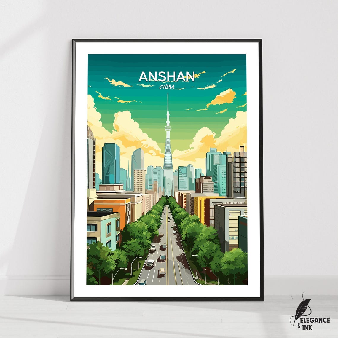 Anshan China Modern City Boulevard Tower Skyline Travel Poster