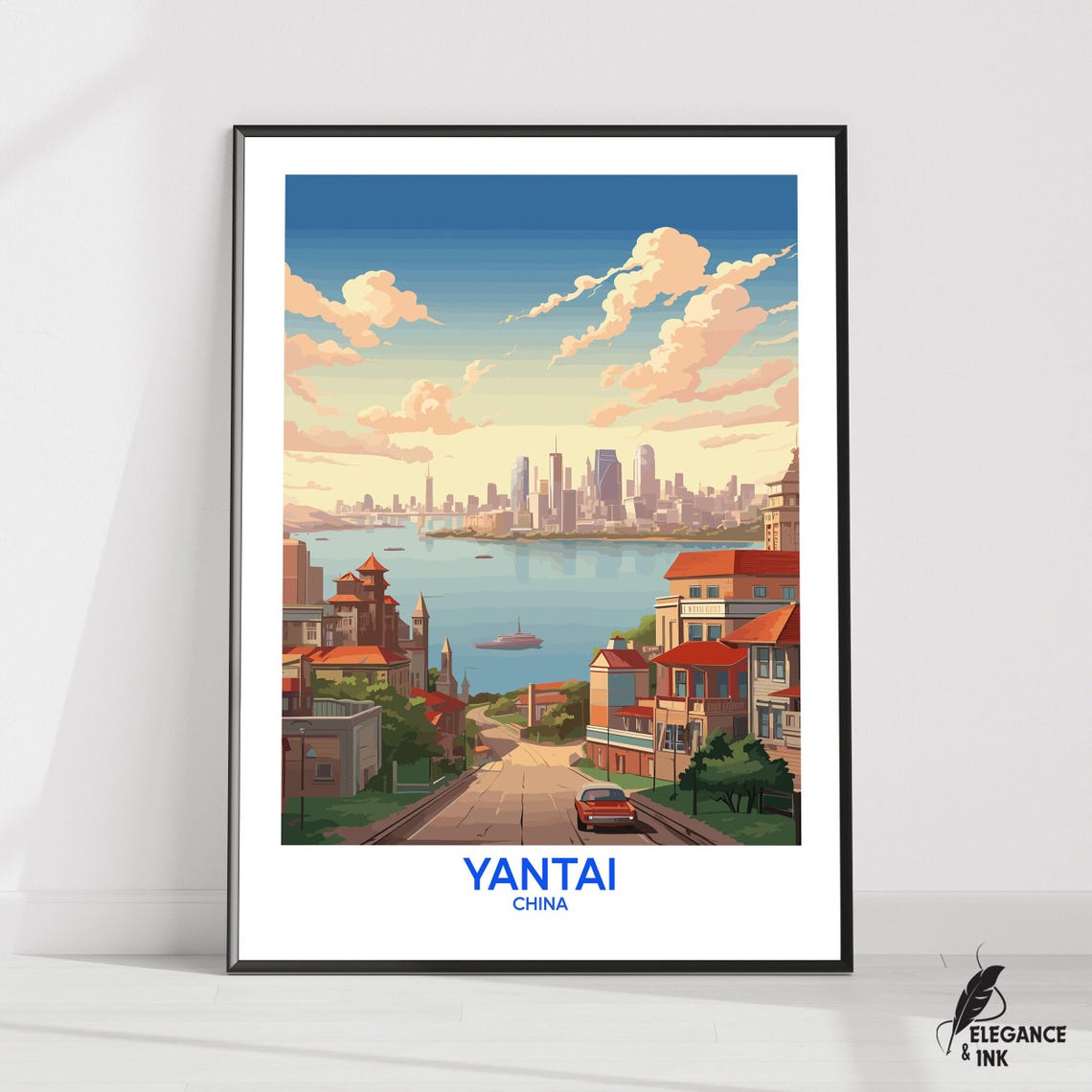 Yantai China Harbor City Skyline Sunset Reflection Travel Poster