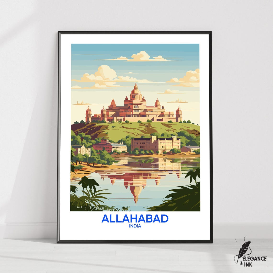 Allahabad India Temple Palace Riverside Illustrated Travel Poster